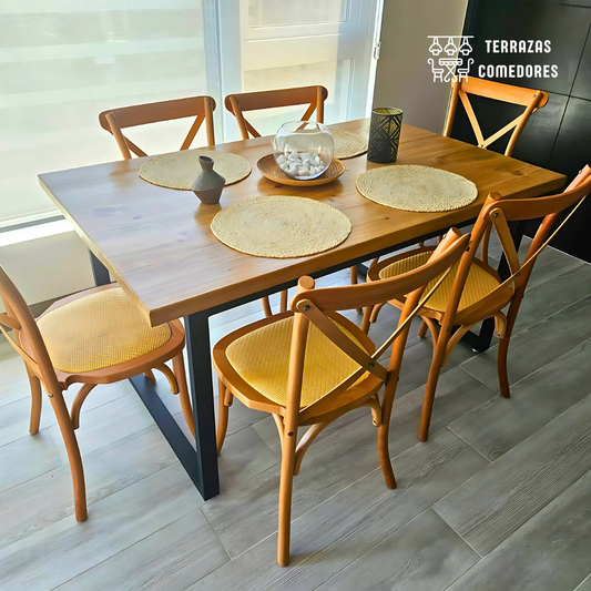 Comedor Industrial 6 personas + sillas de Madera Ratán