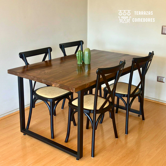 Comedor Industrial 4 personas + Sillas madera y Ratán